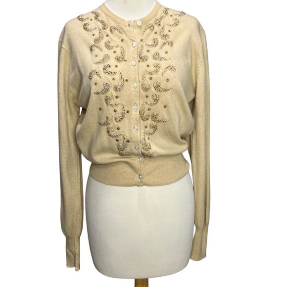 Vintage 50-60s Beaded Cardigan Sweater Womens XS-S Embroidered Soft Elegance - Picture 1 of 12